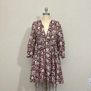 DAUGTHERS OF INDIA Kyra Mini Dress Brown Floral Balloon Sleeve Boho